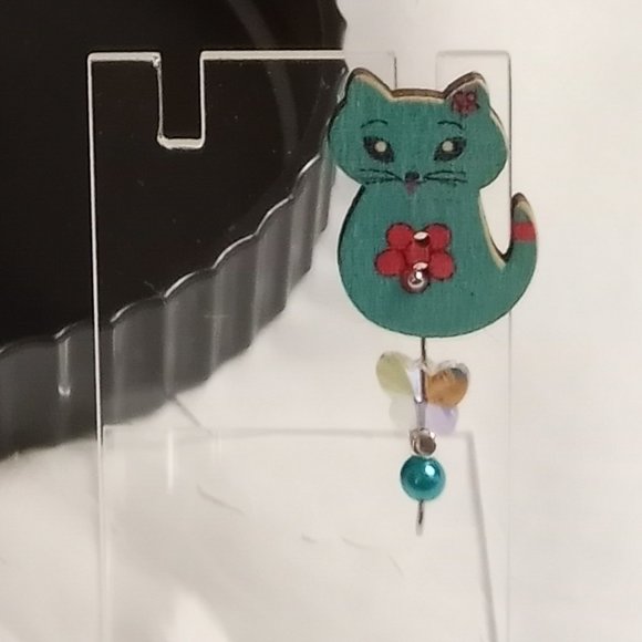 Home Made Handmade Wood & Metal Cat Turquoise & Pink Button Earrings #43 - Picture 5 of 8